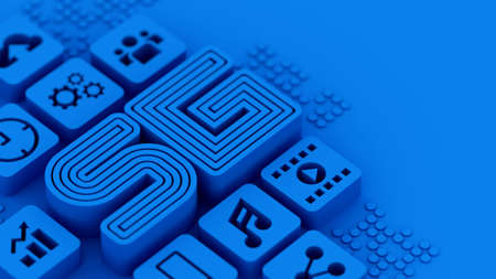 5G new technology telecommunication blue icon with media and system, 3d renderingの写真素材