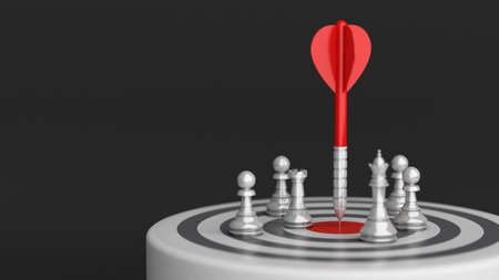 Arrow on center dartboard with chess, target and goal strategy business, 3d rendering