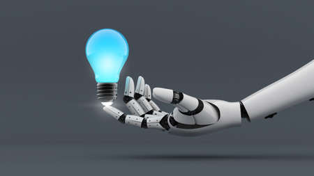 White robot hand make power to light bulb, A.I. and machine technology assistant for creative, 3d...