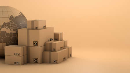 Stack of brown box packaging for goods, import export shipping business worldwide, 3d renderingの写真素材