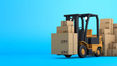 Stack of brown box packaging and forklift, import export shipping business, 3d renderingの写真素材