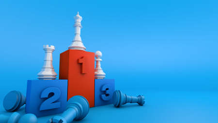 Chess piece on award podium, winner strategy competition business, 3d rendering