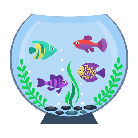 Flat aquarium. Colorful bright fish in the aquarium. Underwater life. Cute fish illustrationのイラスト素材