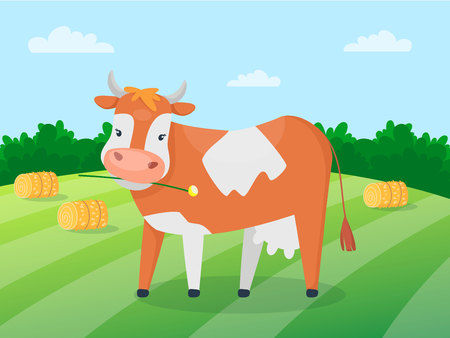 Adorable cute cow on the green meadow. Rural field landscape. Vector design for milky pack or illustration for children. Cartoon flat style.のイラスト素材