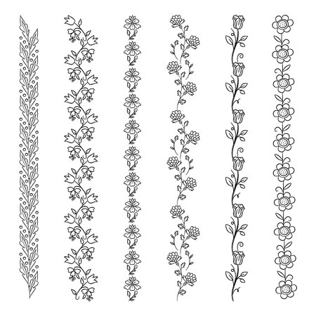 Floral borders. Vector elements with flowers and leaves. Decors for invitation and wedding cards. Rustic design. Ornamental illustration.のイラスト素材