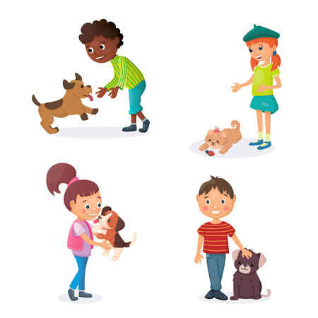 Kids are playing with puppies. Happy boys and girls have games with cute little dogs. Friendship concept. Vector cartoon illustration.のイラスト素材