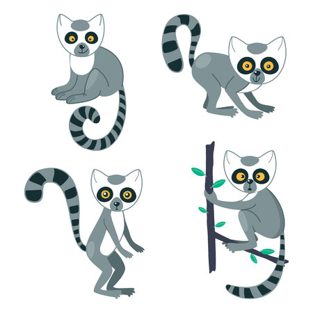 Lemur cute set. Funny animal characters with striped tails and big eyes. Vector cartoon illustration...