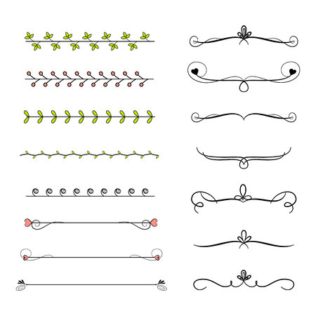 Collection of border dividers. Big set of ornament decorative lines with hearts and swirls. Elegant classic graphics. Vector illustration.のイラスト素材