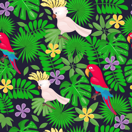 Jungle seamless pattern with tropical leaves and flowers and parrots on the white background. Vector illustration. Cartoon style.のイラスト素材