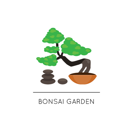 Bonsai tree composition for logo. Japanese plant and garden. Vector illustration. Flat cartoon style.のイラスト素材