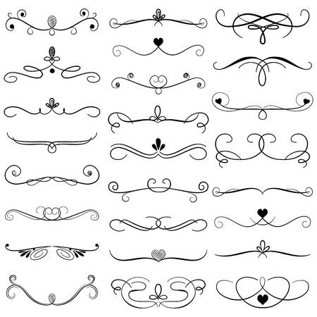 Collection of border dividers. Big set of ornament decorative lines with hearts and swirls. Elegant classic graphics. Vector illustrationのイラスト素材