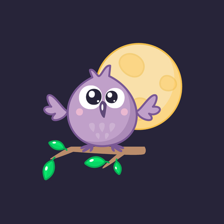 Owl on the branch with leaves on the dark background with yellow moon. Cartoon bird emoji and sticker. Vector illustration. Kawaii style.のイラスト素材