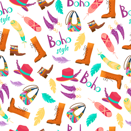 Boho fashion clothes seamless pattern. Background with boots and feathers, hat and bag. Cartoon and flat style, vector illustration.のイラスト素材