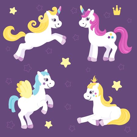 Set of cute unicorns and beautiful horses. Pretty pony for little girls. Vector illustration. Cartoon flat style.のイラスト素材