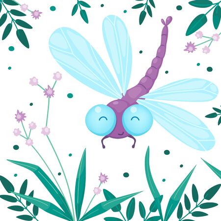 Purple dragonfly and grass with little purple flowers. Cartoon flat vector illustration for children.のイラスト素材