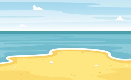 Beach and sand. Sea or ocean scene. Summer landscape. Cartoon vacation travel banner. Vector cute illustration.のイラスト素材