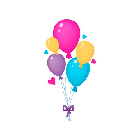 Bunch of colorful balloons. Celebrative funny design with hearts isolated on the white background. Vector illustration, cartoon style.のイラスト素材