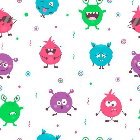 Seamless pattern of cute cartoon colorful monsters with different emotions. Funny emoticons emojis collection for kids. Fantasy characters. Vector illustrations, cartoon flat style.のイラスト素材