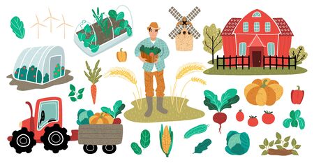 Farmer man with harvest. Farm red house with greenhouse and vegetable garden. Tractor with trailer and crop. Vector illustration, cartoon flat style. Funky peopleのイラスト素材