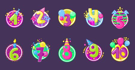 Holiday happy birthday badges with numbers of age and different balloons, gifts and colorful caps. Kids fun design for cards, invitations and stickers. Vector illustration, cartoon style.のイラスト素材