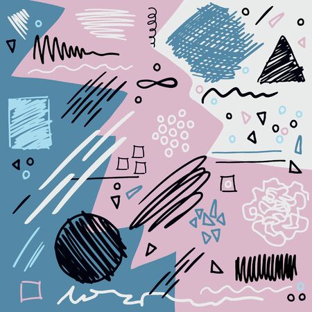 Scribble vector collage. Hand drawn illustration with scrawl, scratches and different geometry shapes for funky trendy designs.のイラスト素材
