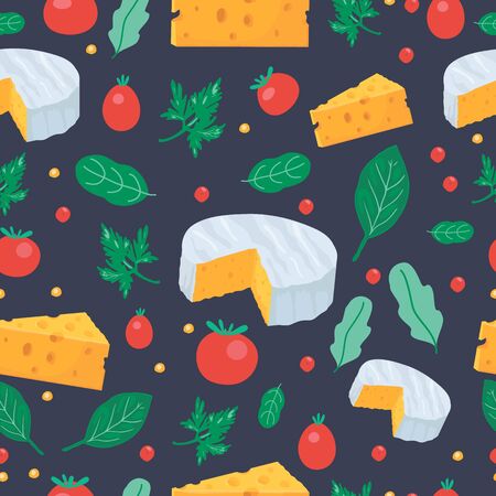 Cheese and tomato seamless pattern with greenery on the dark background. Food cartoon backdrop. Meal design for wrapping cover. Vector illustration.のイラスト素材