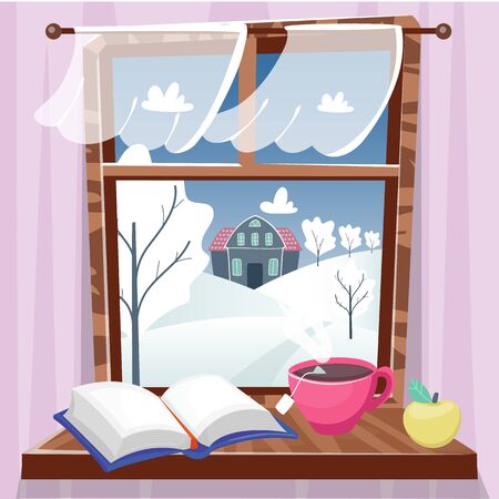 Cozy winter window with beautiful view with trees, house and field. Book, apple and cup of tea on the windowsill. Hygge concept. Vector illustration cartoon flat style.のイラスト素材