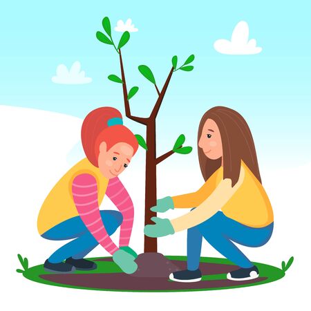 Girls planting the young tree. Children gardening. Care the nature concept. Vector cartoon flat illustration.のイラスト素材