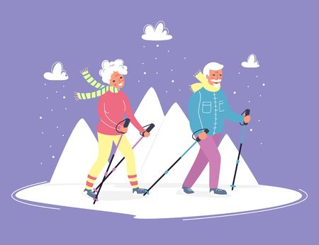 Senior activities concept. Old people walking in the mountains on the fresh air with happy faces. Sporty lifestyle in a retirement for pensioners. Vector illustration, flat cartoon style. Character designのイラスト素材