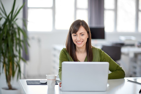 Beautiful smiling Caucasian businesswoman sitting in modern office and using laptop.