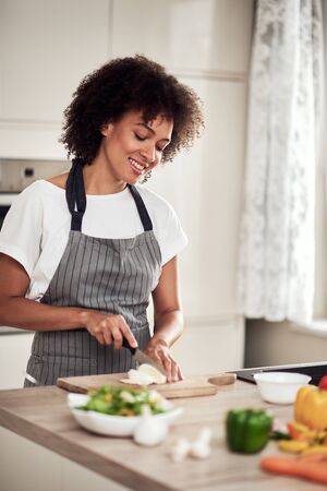 Gorgeous mixed race housewife in apron standing in kitchen and chopping mushrooms. On kitchen counter are all sorts of vegetables.の写真素材