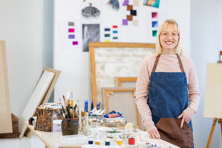 Portrait of smiling female artist standing at her workplace in her studioの写真素材