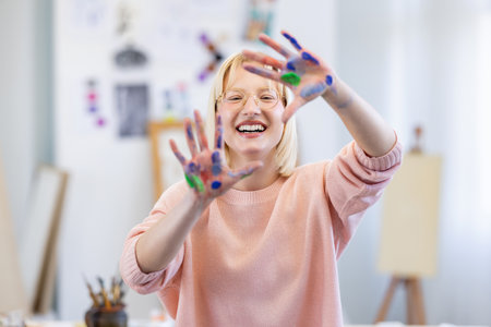 Portrait of happy woman showing her hands painted in colors at art studioの写真素材