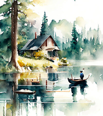 Beautiful landscape with wooden house near the lake. Watercolor illustration. Digital generated image.の素材