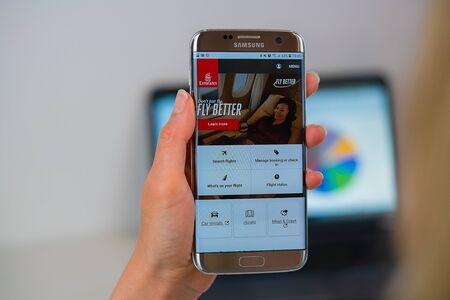Barcelona / Spain 05 25 2019: Emirates airlines web site on mobile phone screen. Mobile version of Emirates company web page on smartphone. Official web page of Emirates airlines.のeditorial素材