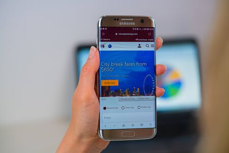 Barcelona / Spain 05 25 2019: Qatar airways web site on mobile phone screen. Mobile version of Qatar airways company web page on smartphone. Official web page of Qatar airways.のeditorial素材