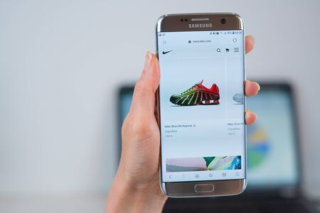 Barcelona / Spain 05 25 2019: Nike web site on mobile phone screen. Mobile version of Nike company...