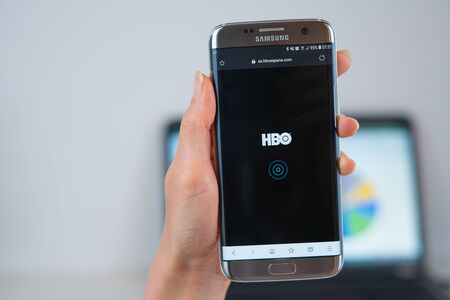 Barcelona / Spain 05 25 2019: HBO web site on mobile phone screen. Mobile version of HBO company web page on smartphone. Official web page of HBO.のeditorial素材