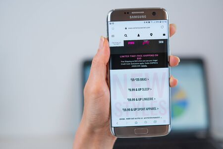 Barcelona / Spain 05 25 2019: VictoriasSecret web site on mobile phone screen. Mobile version of VictoriasSecret company web page on smartphone. Official web page of VictoriasSecret.のeditorial素材