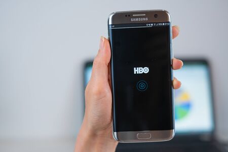 Barcelona / Spain 05 25 2019: HBO web site on mobile phone screen. Mobile version of HBO company web page on smartphone. Official web page of HBO.のeditorial素材