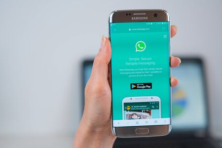Barcelona / Spain 05 25 2019: Whatsapp web site on mobile phone screen. Mobile version of Whatsapp messenger web page on smartphone. Official web page of Whatsapp.のeditorial素材
