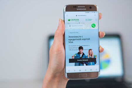 Barcelona / Spain 05 25 2019: Sberbank web site on mobile phone screen. Mobile version of Sberbank company web page on smartphone. Official web page of Sberbank.のeditorial素材