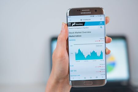 Barcelona / Spain 05 25 2019: Nasdaq web site on mobile phone screen. Mobile version of Nasdaq web page on smartphone. Official web page of Nasdaq.のeditorial素材