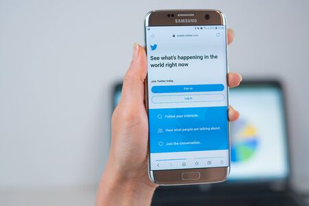 Barcelona / Spain 05 25 2019: Twitter web site on mobile phone screen. Mobile version of Twitter company web page on smartphone. Official web page of Twitter.のeditorial素材