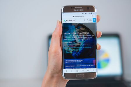 Barcelona / Spain 05 25 2019: Autodesk web site on mobile phone screen. Mobile version of Autodesk company web page on smartphone. Official web page of Autodesk.のeditorial素材