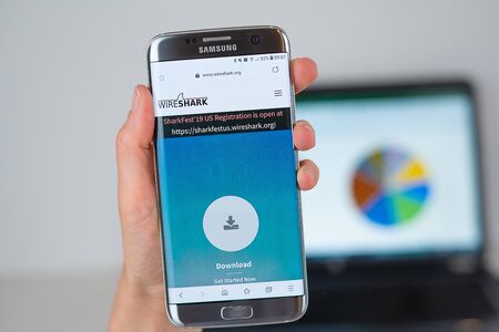 Barcelona / Spain 06 10 2019: Wireshark web site on mobile phone screen. Mobile version of Wireshark company web page on smartphone. Official web page of Wireshark.のeditorial素材