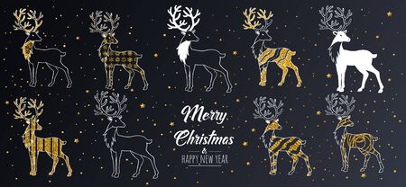 Merry Christmas greeting card set with golden text elements and modern hand drawn reindeers. Vector illustration.のイラスト素材