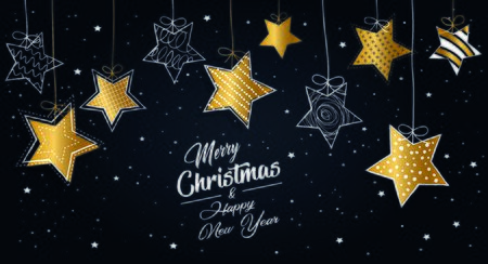 Greeting card Merry Christmas background. Vector illustration with Christmas elements stars. The colors white, gold and blackのイラスト素材
