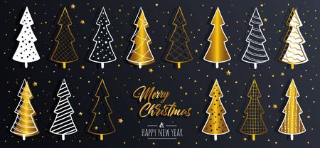 Merry Christmas greeting card set with golden text elements and modern hand drawn christmas tree. Vector illustration.のイラスト素材