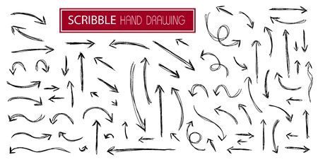 Big set black scribble arrows icons in hand drawn style. Doodle arrow sketch sign and set of hand drawn. Vector illustration on white backgroundのイラスト素材